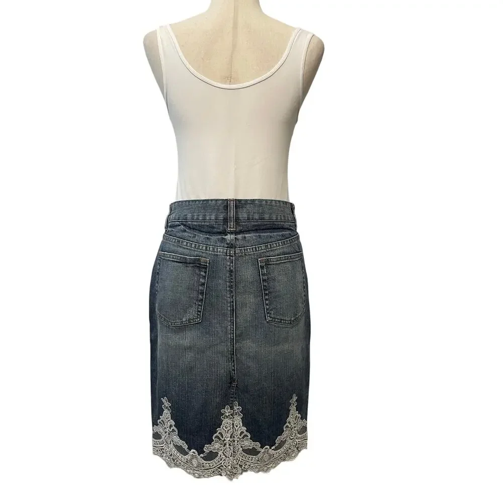 Women’s The Limited Vintage Denim Pencil Skirt Silver Metallic Lace Trim Size 2